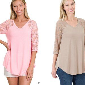 Zenana Women's V-Neck Lace 3/4 Sleeve Round Hem Blouse Top Tunic S-3X
